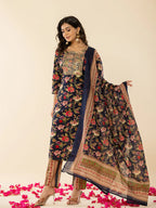 Yufta Navy Blue Floral Thread Work Pure Cotton Kurta Trousers With Dupatta Set | Grocsy