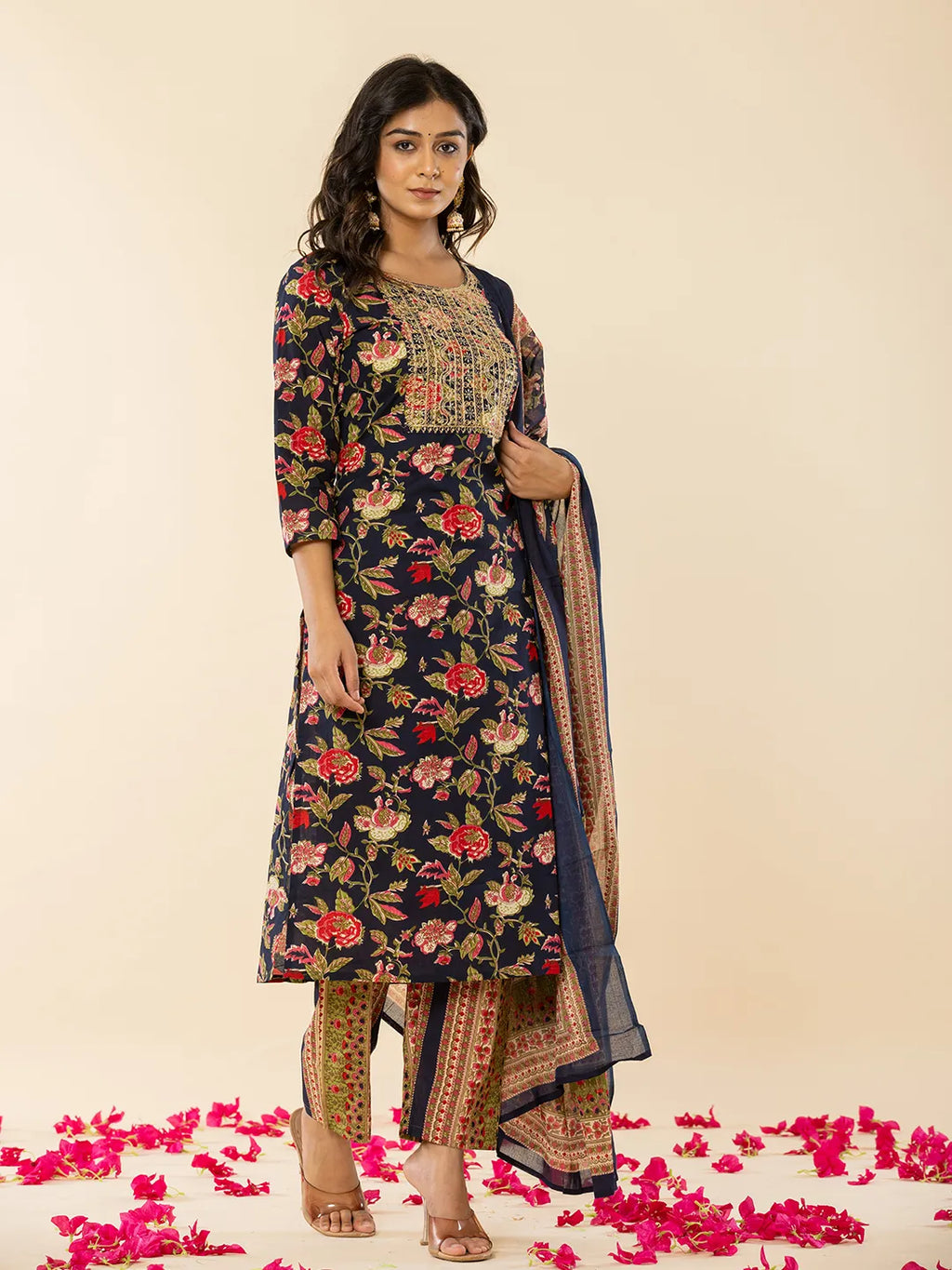 Yufta Navy Blue Floral Thread Work Pure Cotton Kurta Trousers With Dupatta Set | Grocsy