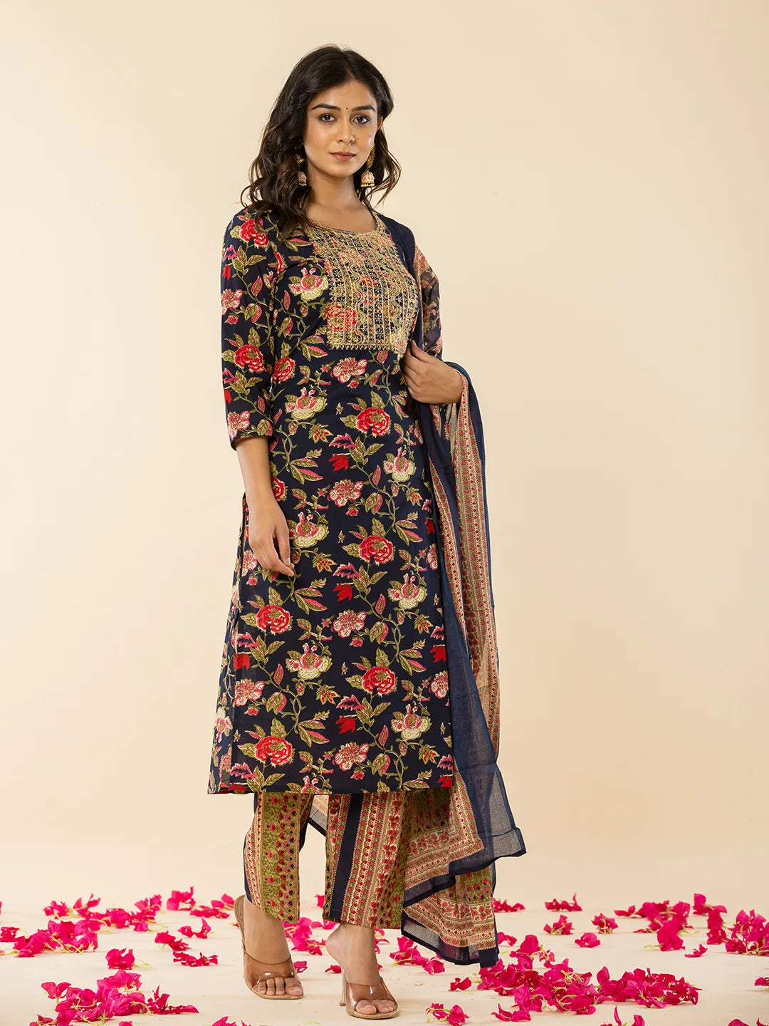 Yufta Navy Blue Floral Thread Work Pure Cotton Kurta Trousers With Dupatta Set | Grocsy
