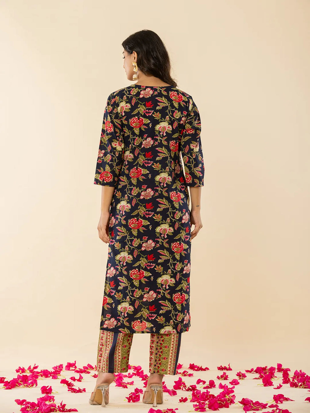 Yufta Navy Blue Floral Thread Work Pure Cotton Kurta Trousers With Dupatta Set | Grocsy