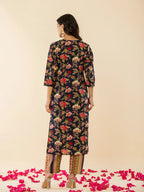 Yufta Navy Blue Floral Thread Work Pure Cotton Kurta Trousers With Dupatta Set | Grocsy