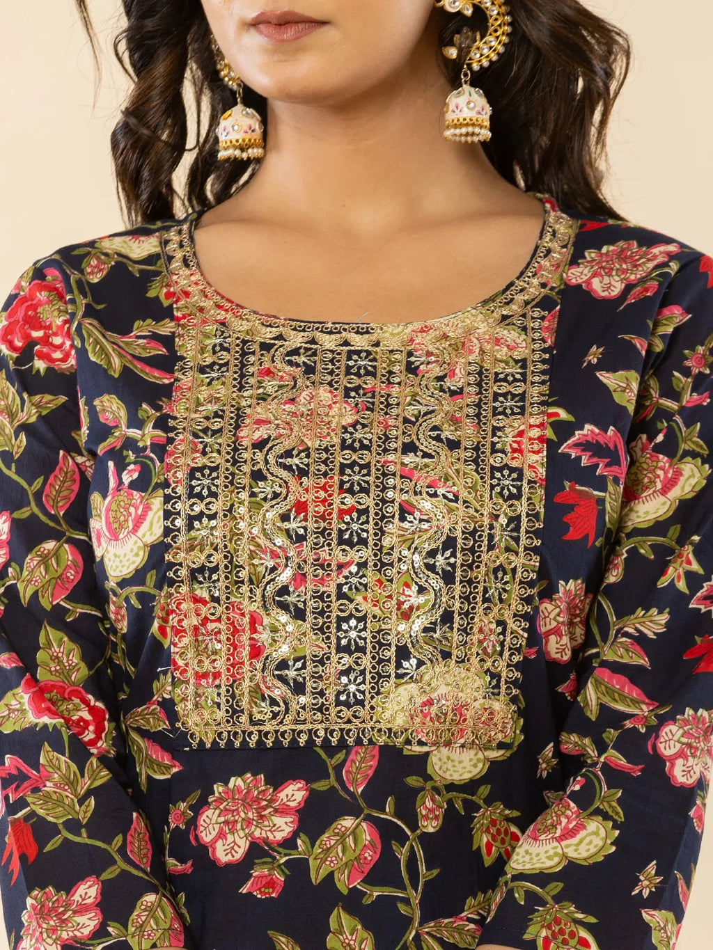 Yufta Navy Blue Floral Thread Work Pure Cotton Kurta Trousers With Dupatta Set | Grocsy