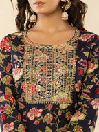 Yufta Navy Blue Floral Thread Work Pure Cotton Kurta Trousers With Dupatta Set | Grocsy