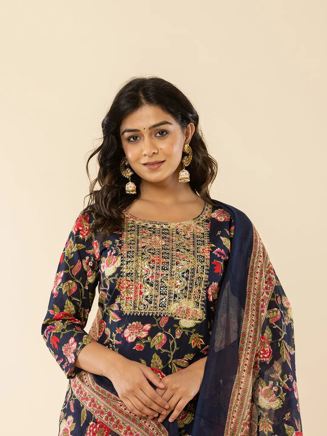 Yufta Navy Blue Floral Thread Work Pure Cotton Kurta Trousers With Dupatta Set | Grocsy