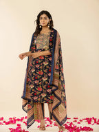 Yufta Navy Blue Floral Thread Work Pure Cotton Kurta Trousers With Dupatta Set | Grocsy