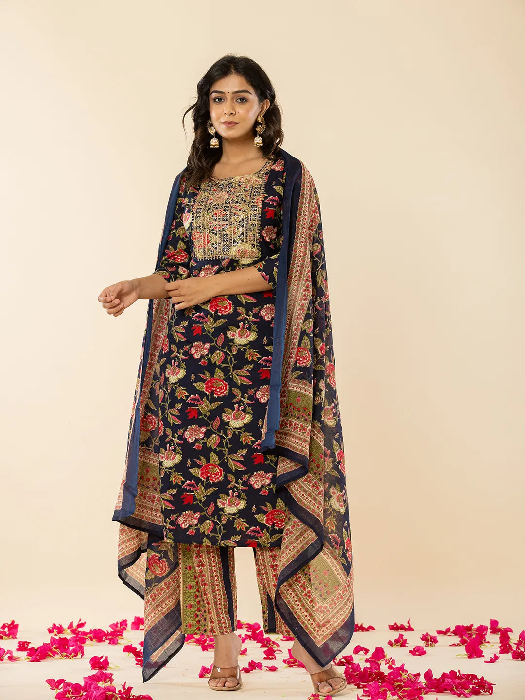 Yufta Navy Blue Floral Thread Work Pure Cotton Kurta Trousers With Dupatta Set | Grocsy