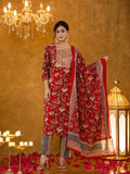 Yufta Red Floral Thread Work Pure Cotton Kurta Trousers With Dupatta Set | Grocsy