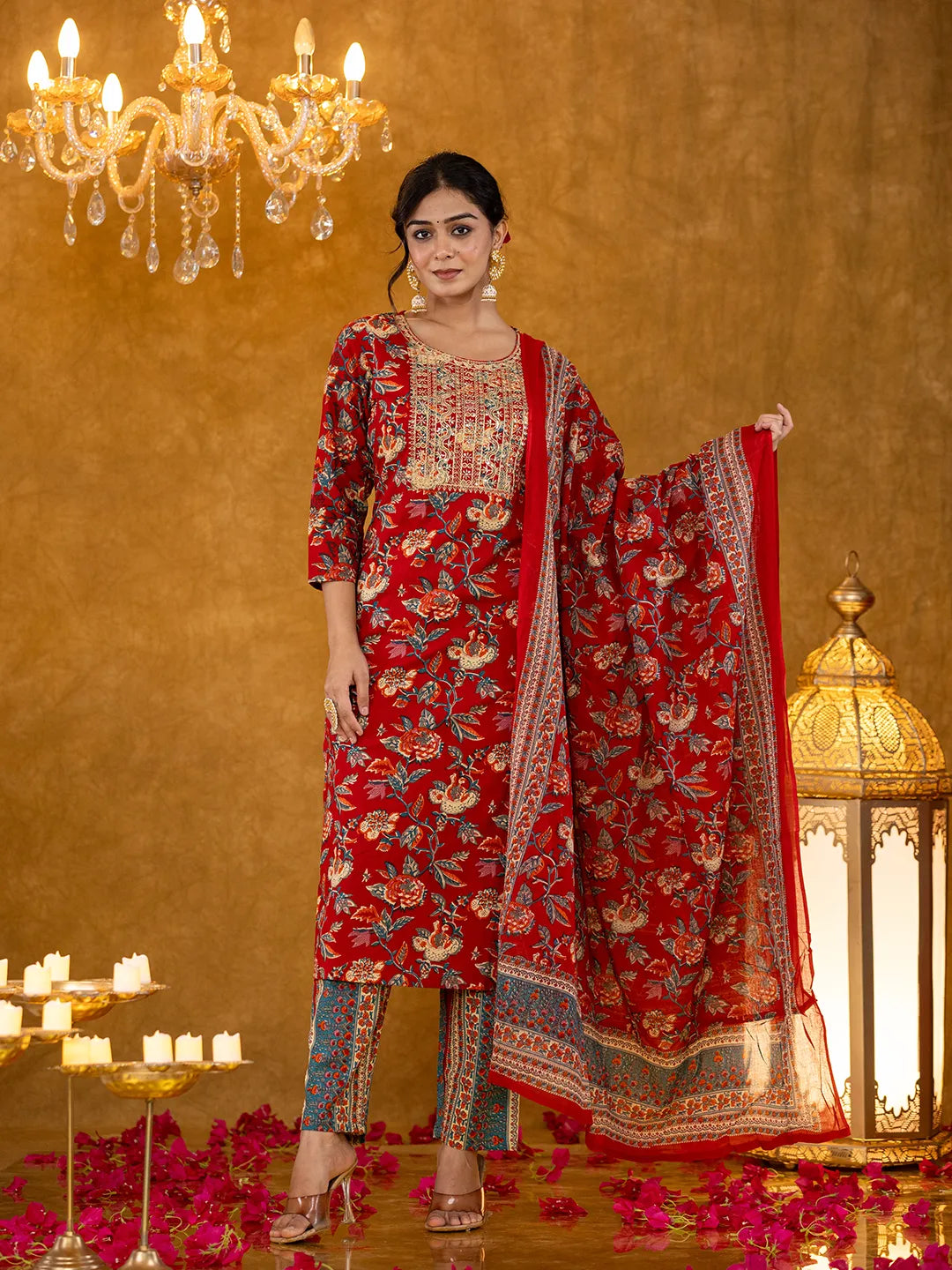 Yufta Red Floral Thread Work Pure Cotton Kurta Trousers With Dupatta Set | Grocsy