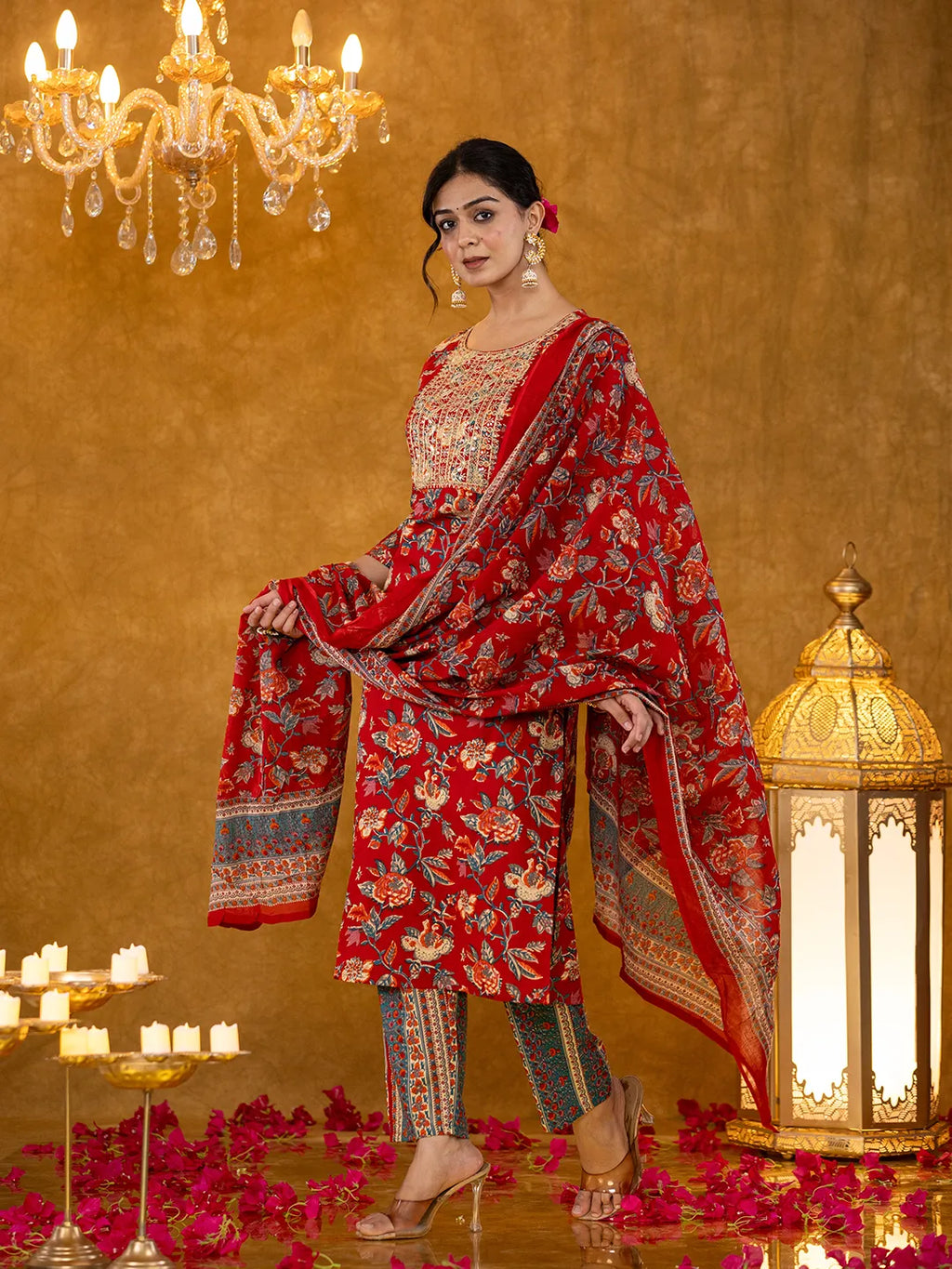 Yufta Red Floral Thread Work Pure Cotton Kurta Trousers With Dupatta Set | Grocsy