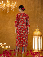 Yufta Red Floral Thread Work Pure Cotton Kurta Trousers With Dupatta Set | Grocsy