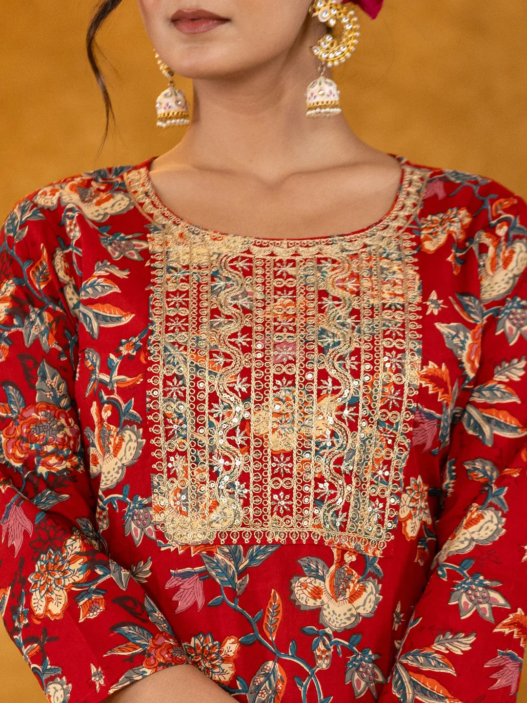 Yufta Red Floral Thread Work Pure Cotton Kurta Trousers With Dupatta Set | Grocsy