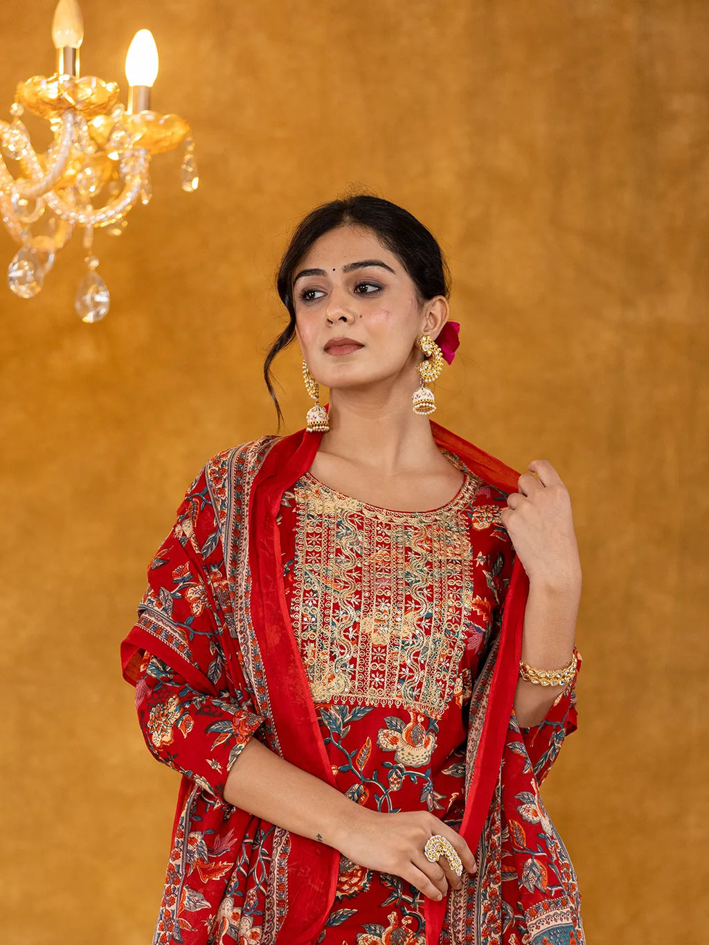 Yufta Red Floral Thread Work Pure Cotton Kurta Trousers With Dupatta Set | Grocsy