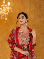 Yufta Red Floral Thread Work Pure Cotton Kurta Trousers With Dupatta Set | Grocsy