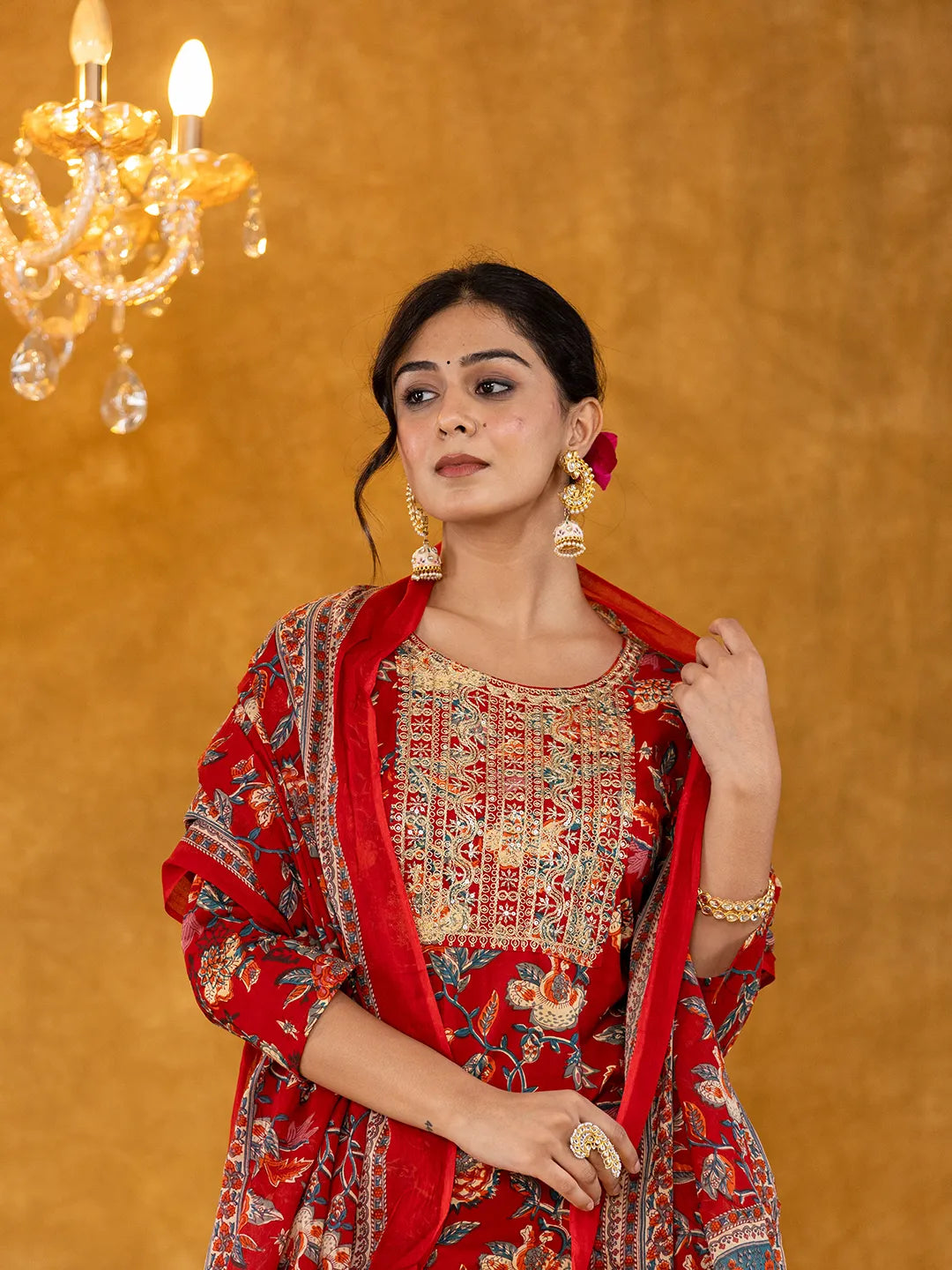 Yufta Red Floral Thread Work Pure Cotton Kurta Trousers With Dupatta Set | Grocsy