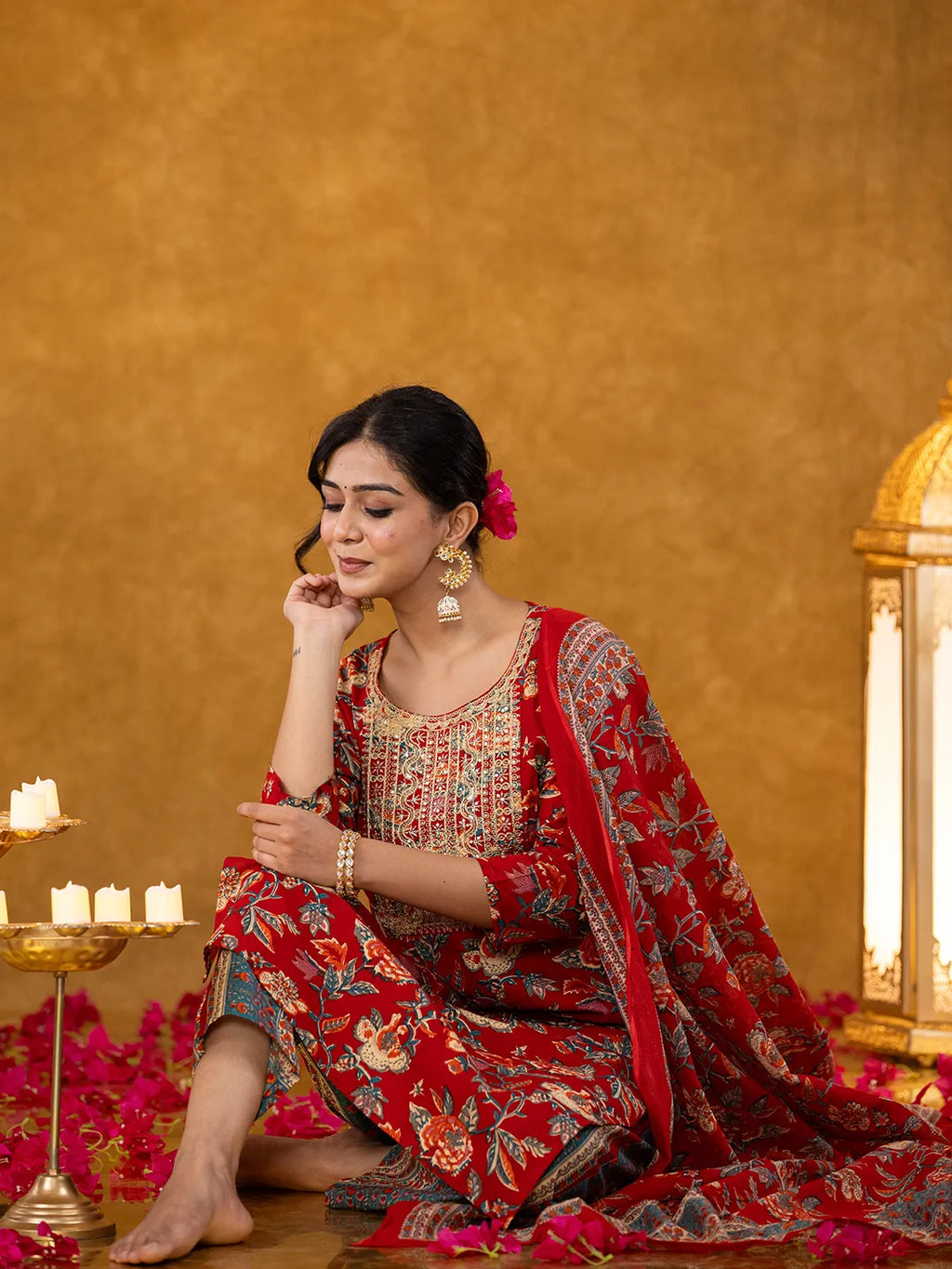 Yufta Red Floral Thread Work Pure Cotton Kurta Trousers With Dupatta Set | Grocsy