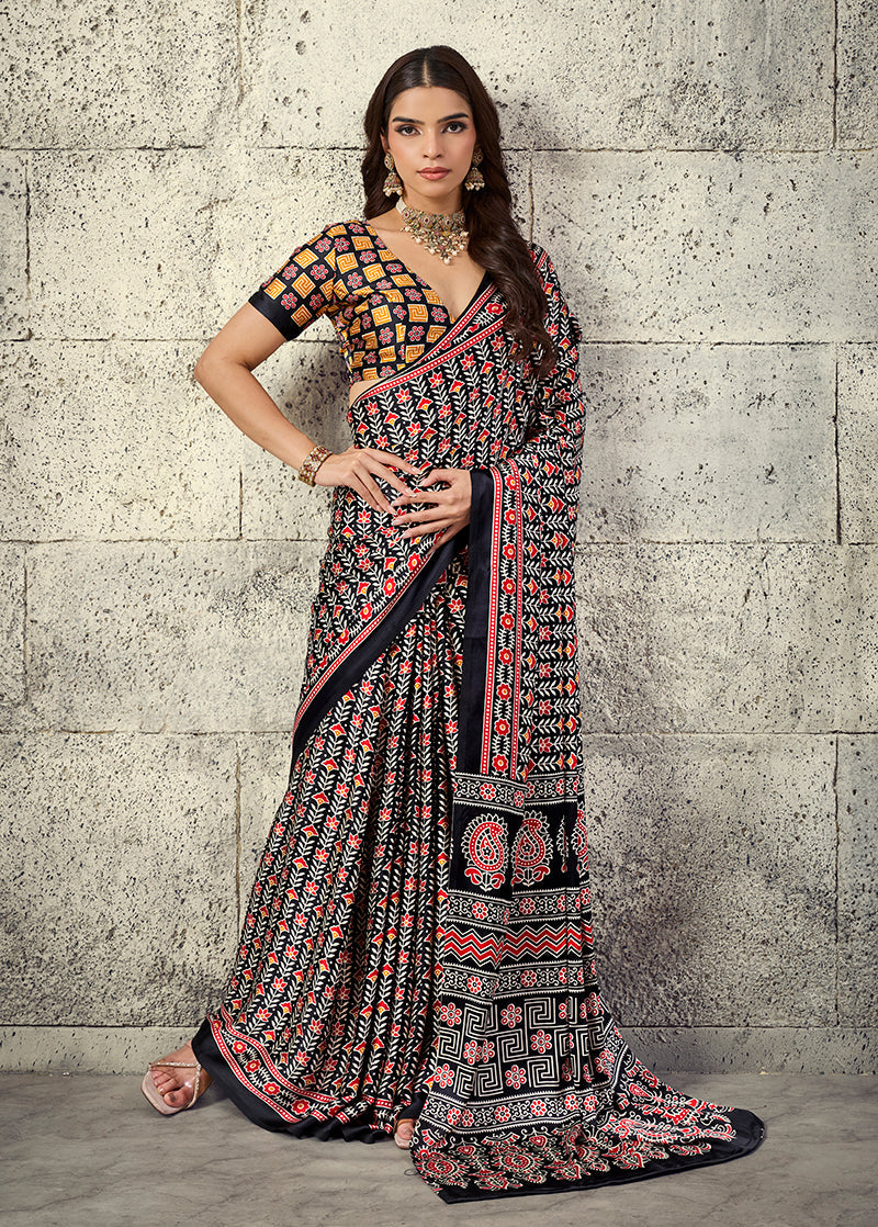Monjolika Fashion Black Colour Satin Print Work Saree | Grocsy