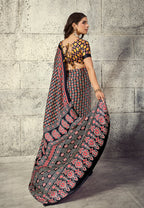 Monjolika Fashion Black Colour Satin Print Work Saree | Grocsy