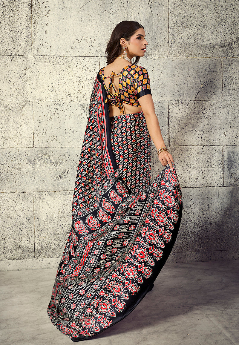 Monjolika Fashion Black Colour Satin Print Work Saree | Grocsy
