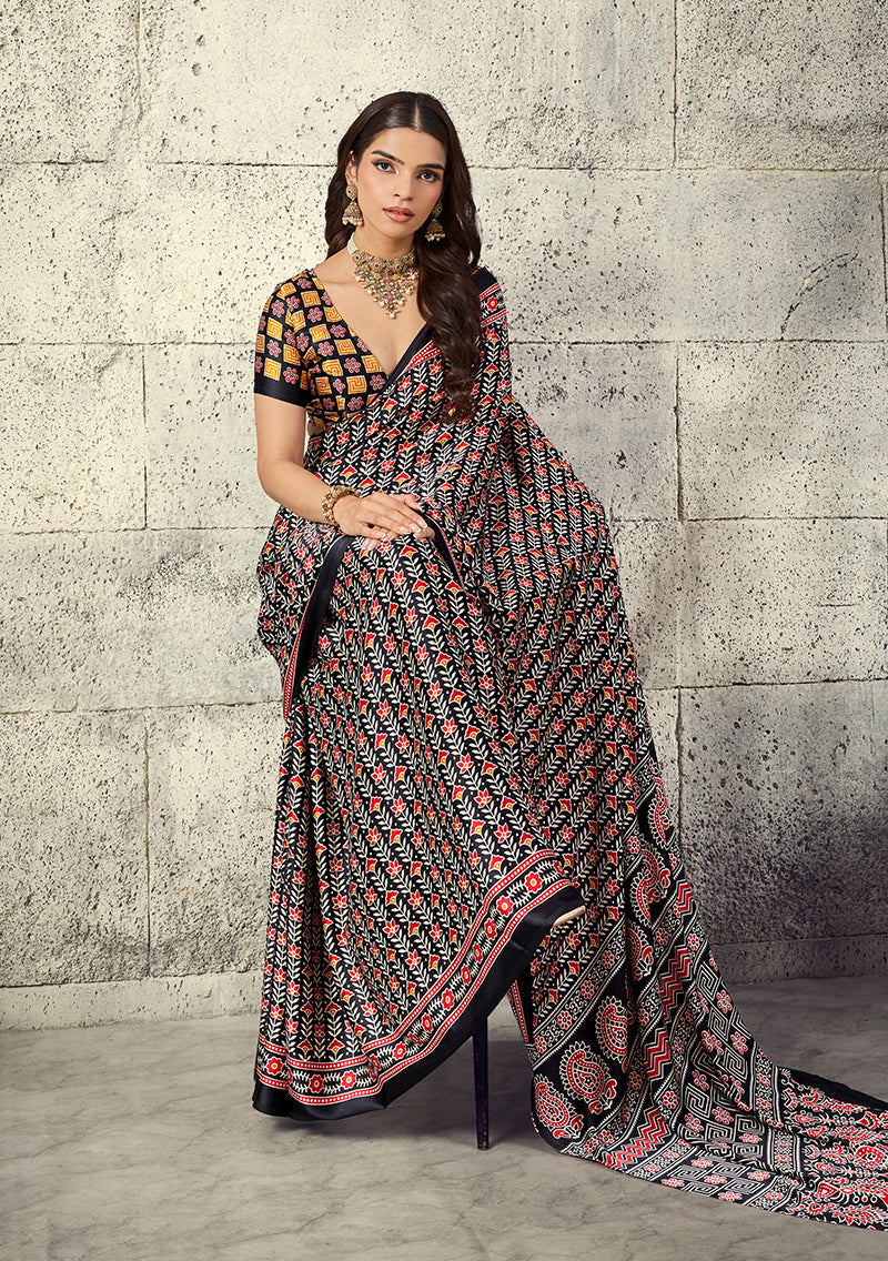 Monjolika Fashion Black Colour Satin Print Work Saree | Grocsy
