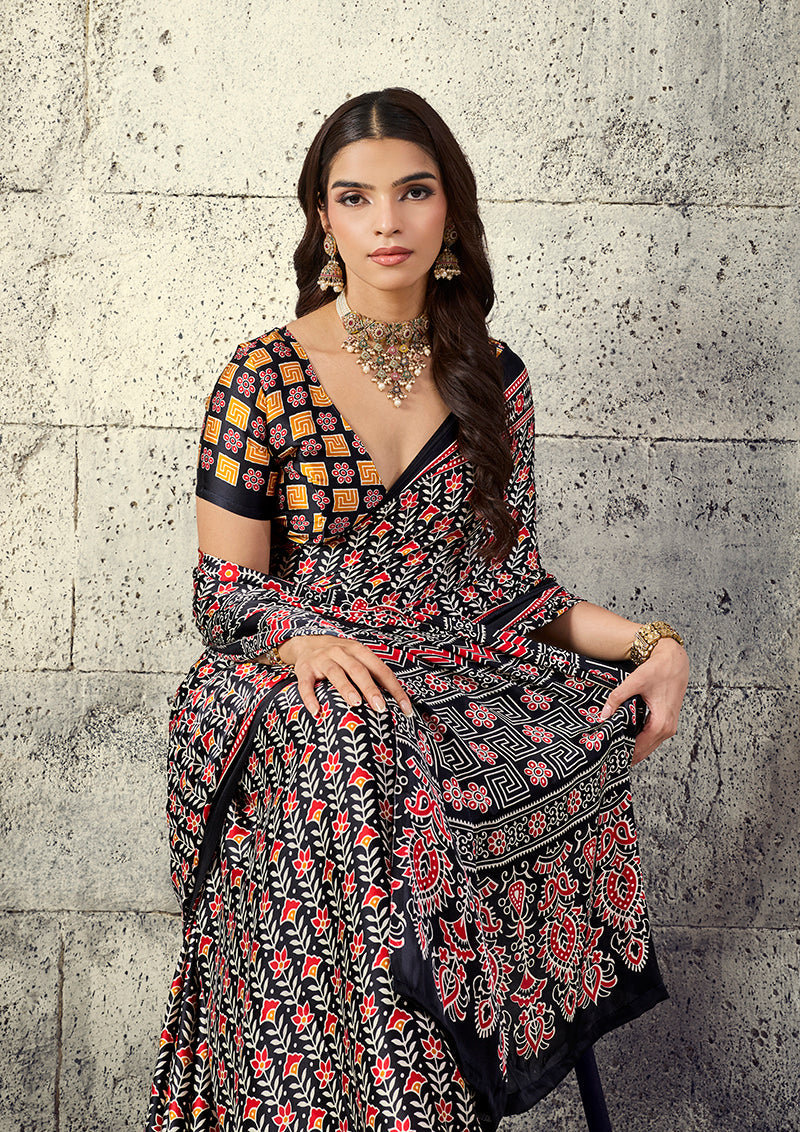 Monjolika Fashion Black Colour Satin Print Work Saree | Grocsy