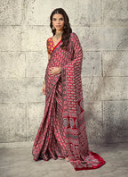 Monjolika Fashion Maroon Colour Satin Print Work Saree | Grocsy