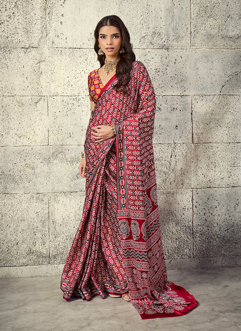 Monjolika Fashion Maroon Colour Satin Print Work Saree | Grocsy