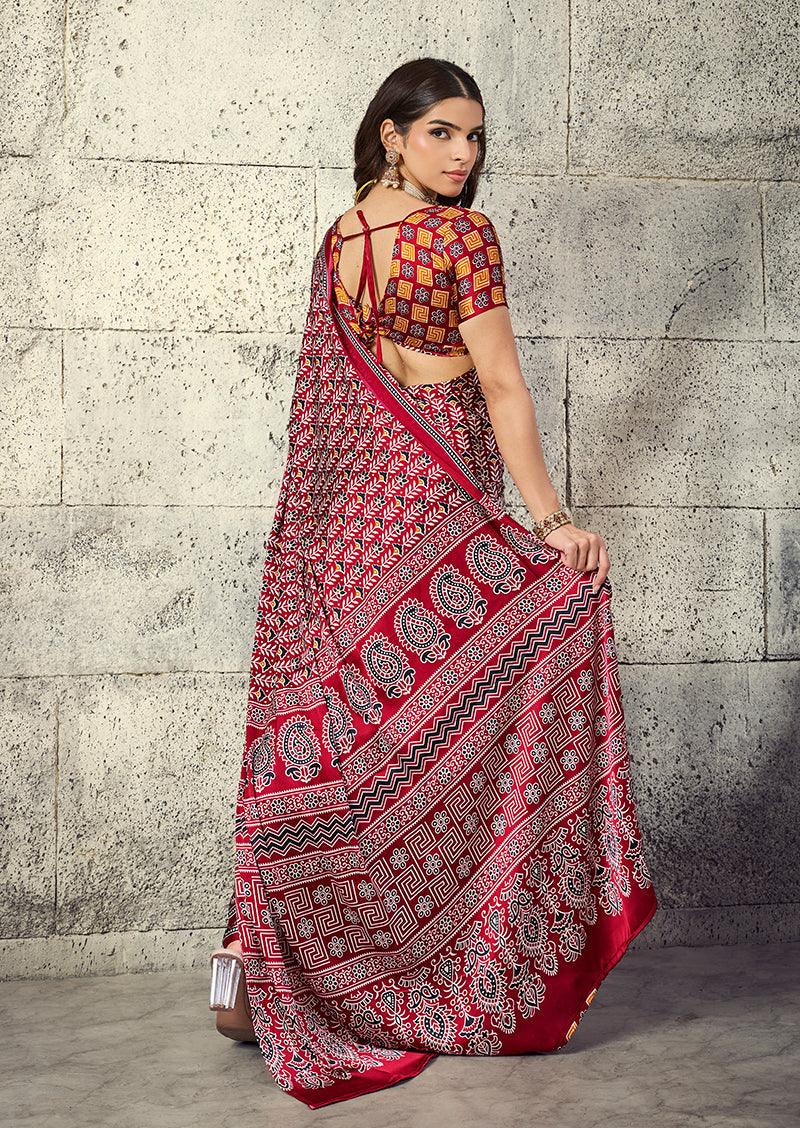 Monjolika Fashion Maroon Colour Satin Print Work Saree | Grocsy