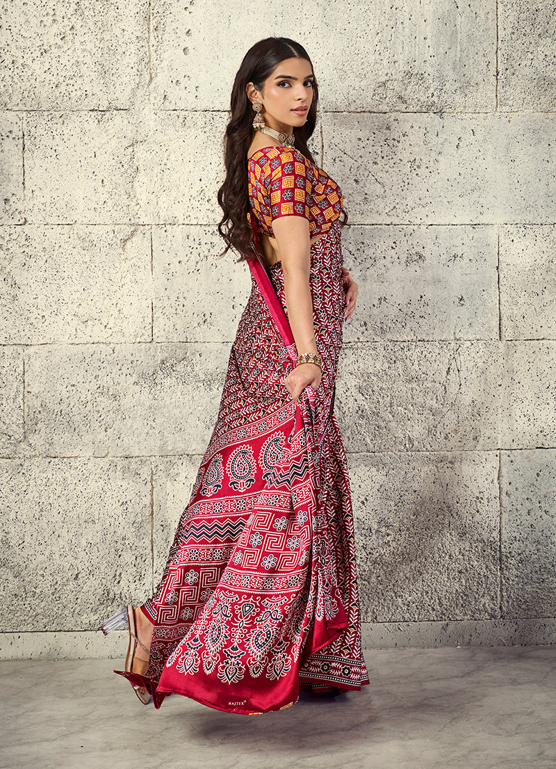 Monjolika Fashion Maroon Colour Satin Print Work Saree | Grocsy