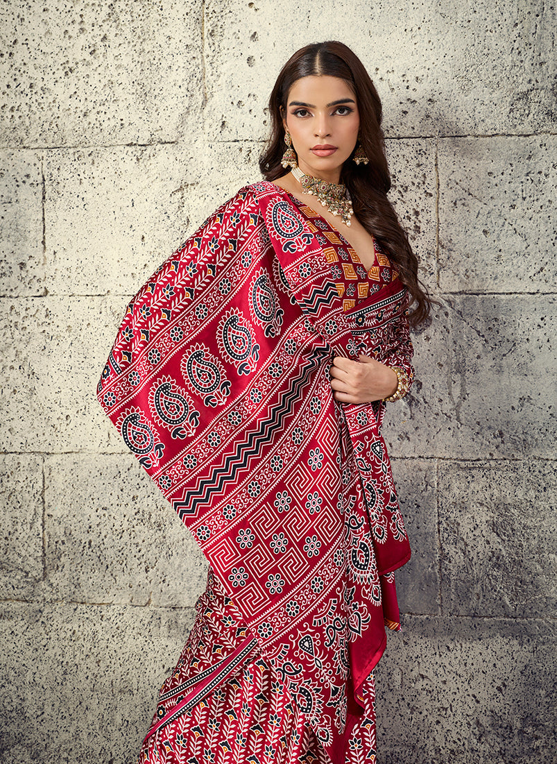 Monjolika Fashion Maroon Colour Satin Print Work Saree | Grocsy