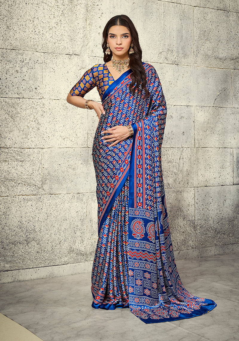 Monjolika Fashion Royal Blue Colour Satin Print Work Saree | Grocsy