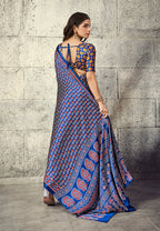 Monjolika Fashion Royal Blue Colour Satin Print Work Saree | Grocsy