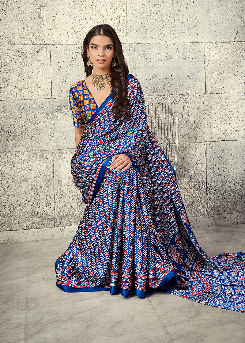 Monjolika Fashion Royal Blue Colour Satin Print Work Saree | Grocsy