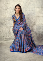 Monjolika Fashion Royal Blue Colour Satin Print Work Saree | Grocsy