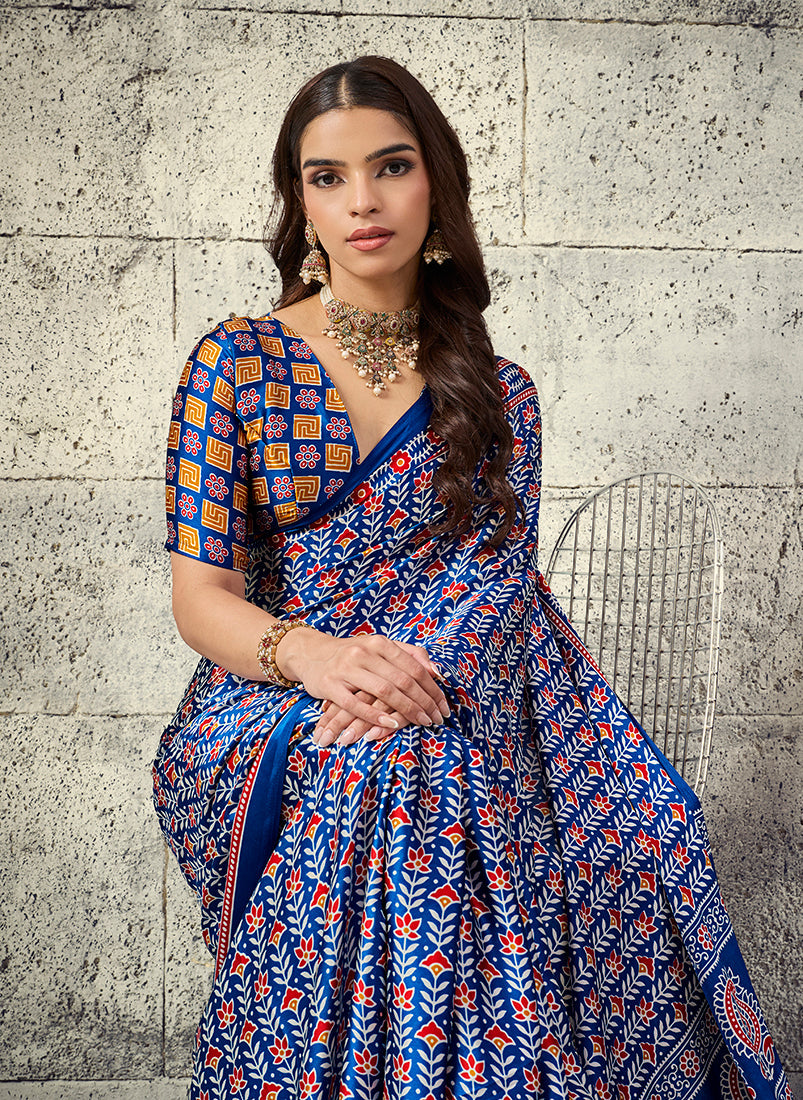 Monjolika Fashion Royal Blue Colour Satin Print Work Saree | Grocsy