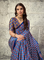 Monjolika Fashion Royal Blue Colour Satin Print Work Saree | Grocsy