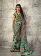 Monjolika Fashion Green Colour Satin Print Work Saree | Grocsy