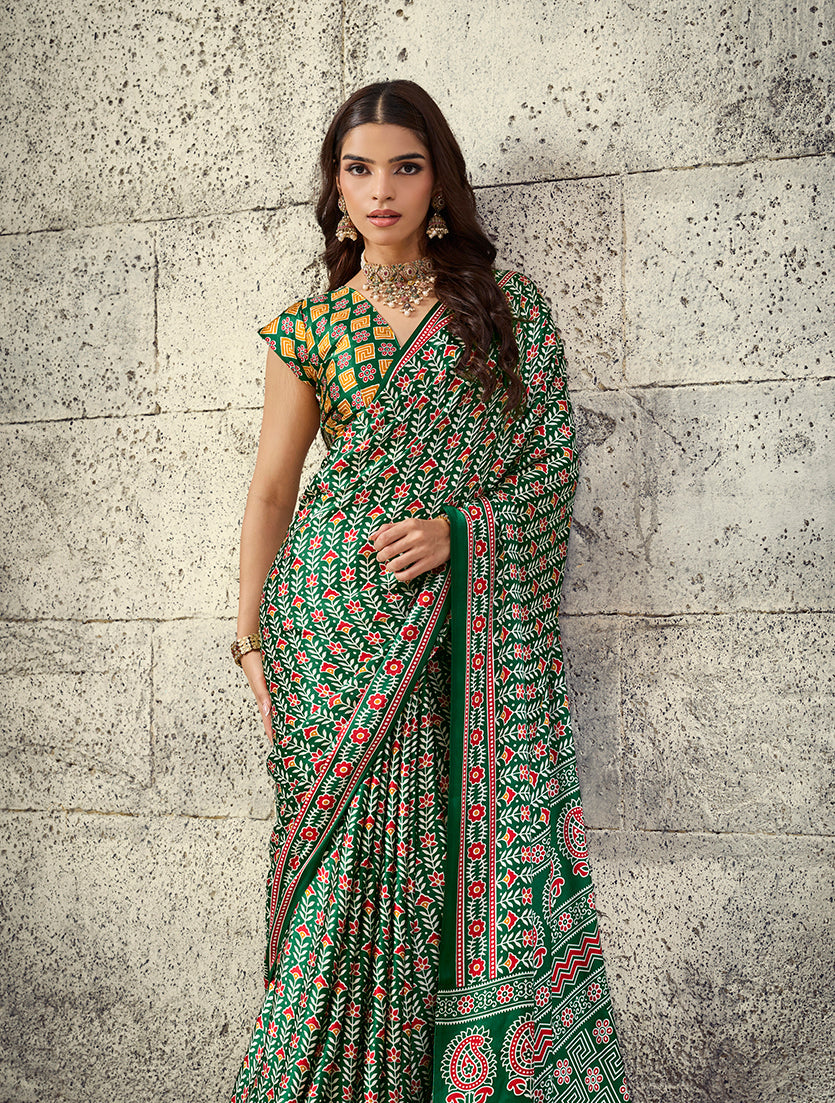 Monjolika Fashion Green Colour Satin Print Work Saree | Grocsy