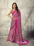 Monjolika Fashion Rani Pink Colour Satin Print Work Saree | Grocsy