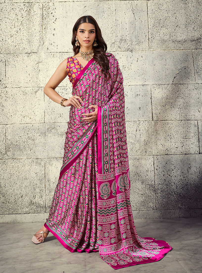 Monjolika Fashion Rani Pink Colour Satin Print Work Saree | Grocsy