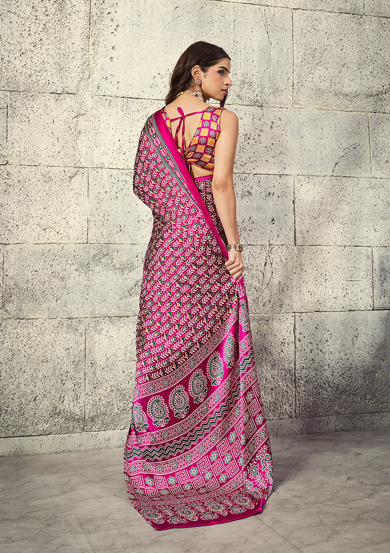 Monjolika Fashion Rani Pink Colour Satin Print Work Saree | Grocsy