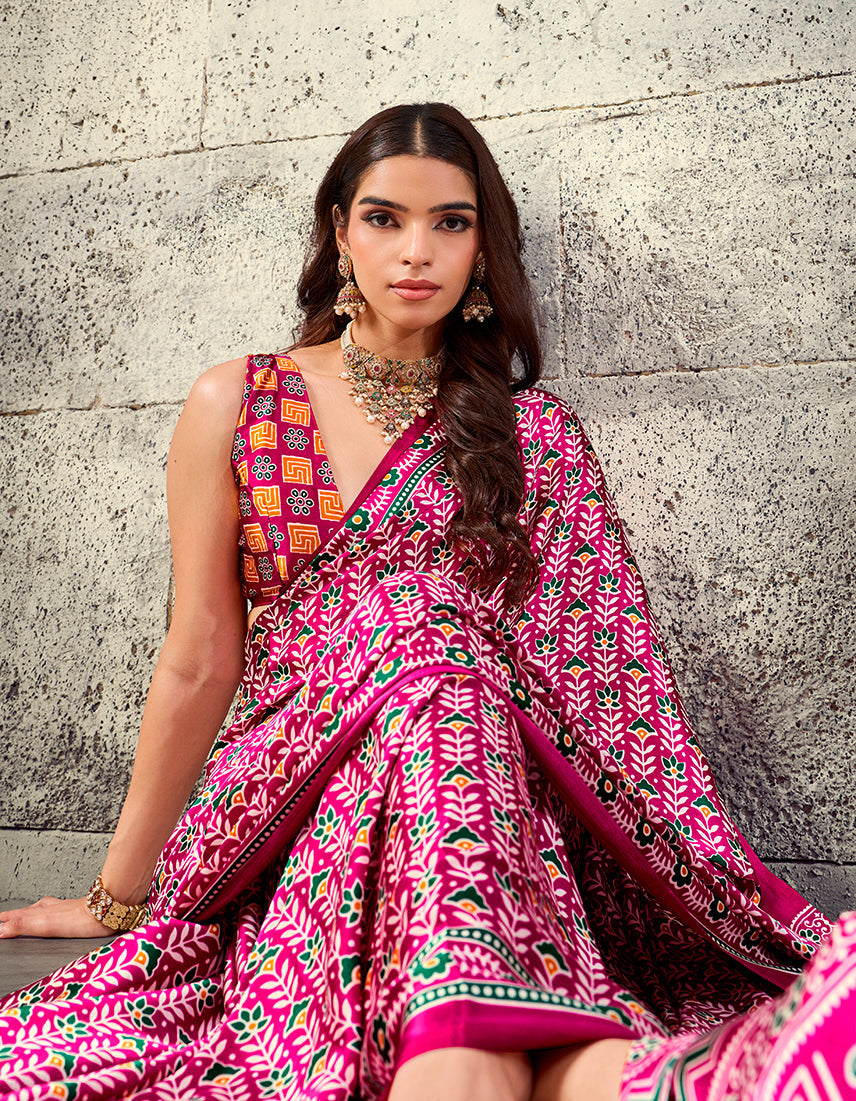 Monjolika Fashion Rani Pink Colour Satin Print Work Saree | Grocsy