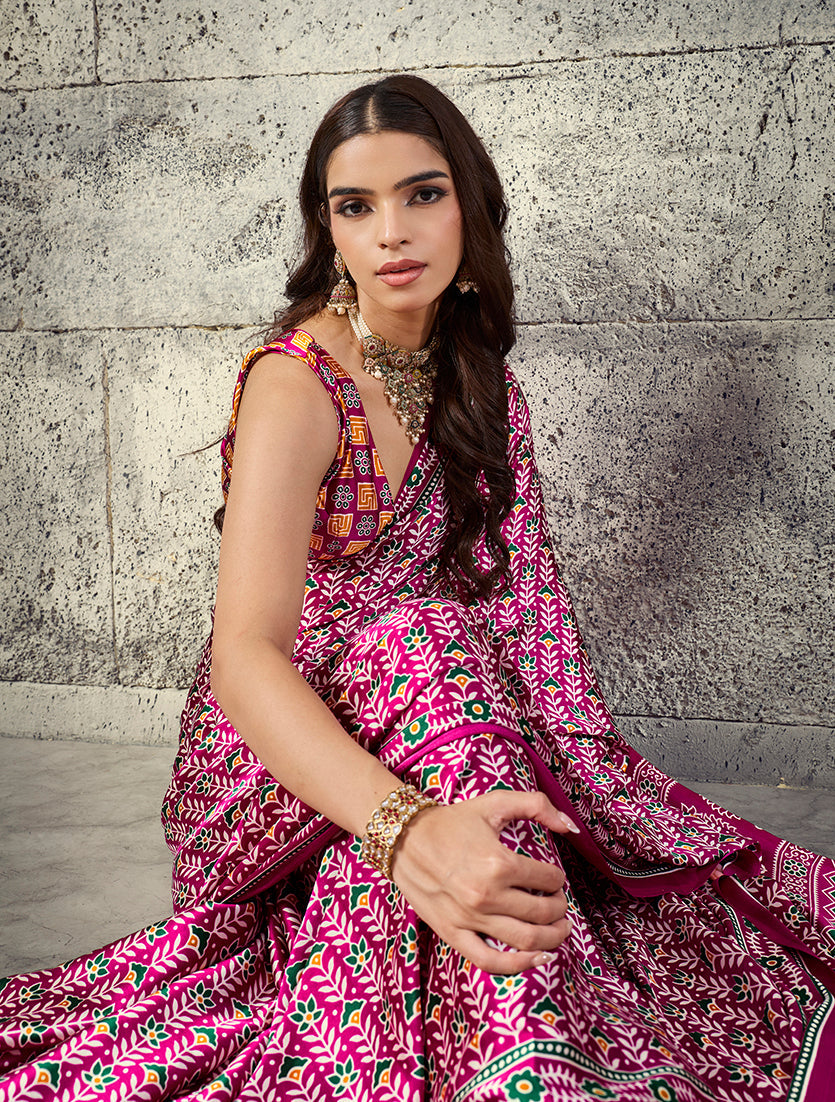 Monjolika Fashion Rani Pink Colour Satin Print Work Saree | Grocsy