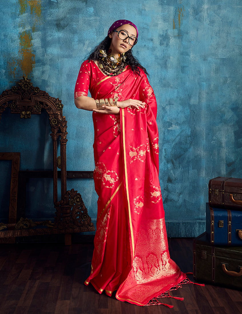 Monjolika Fashion Crimson Red Satin Weaving Handloom Silk Blend Saree | Grocsy