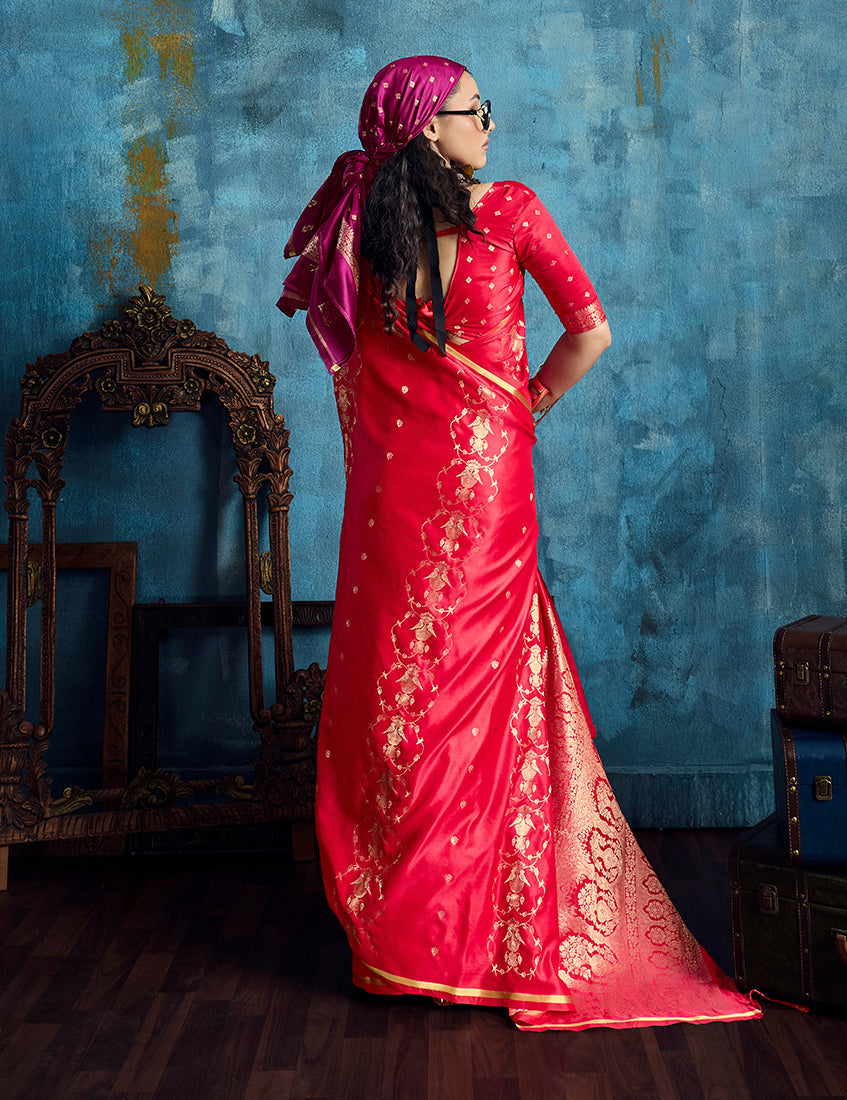 Monjolika Fashion Crimson Red Satin Weaving Handloom Silk Blend Saree | Grocsy