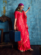 Monjolika Fashion Crimson Red Satin Weaving Handloom Silk Blend Saree | Grocsy