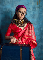 Monjolika Fashion Crimson Red Satin Weaving Handloom Silk Blend Saree | Grocsy