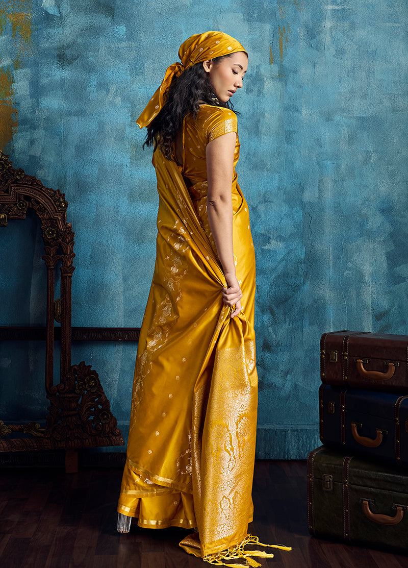 Monjolika Fashion Mustard Satin Weaving Handloom Silk Blend Saree | Grocsy