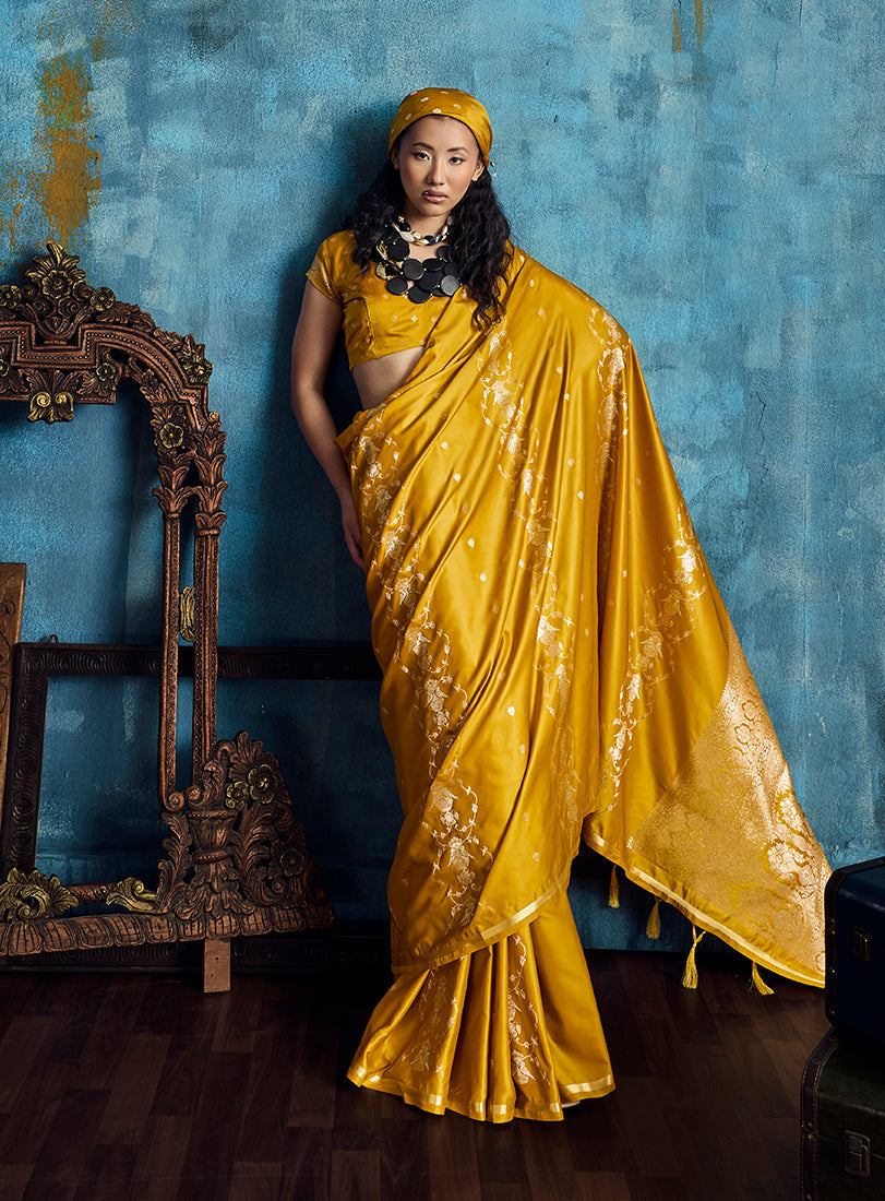 Monjolika Fashion Mustard Satin Weaving Handloom Silk Blend Saree | Grocsy