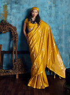 Monjolika Fashion Mustard Satin Weaving Handloom Silk Blend Saree | Grocsy