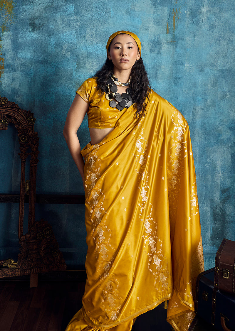 Monjolika Fashion Mustard Satin Weaving Handloom Silk Blend Saree | Grocsy